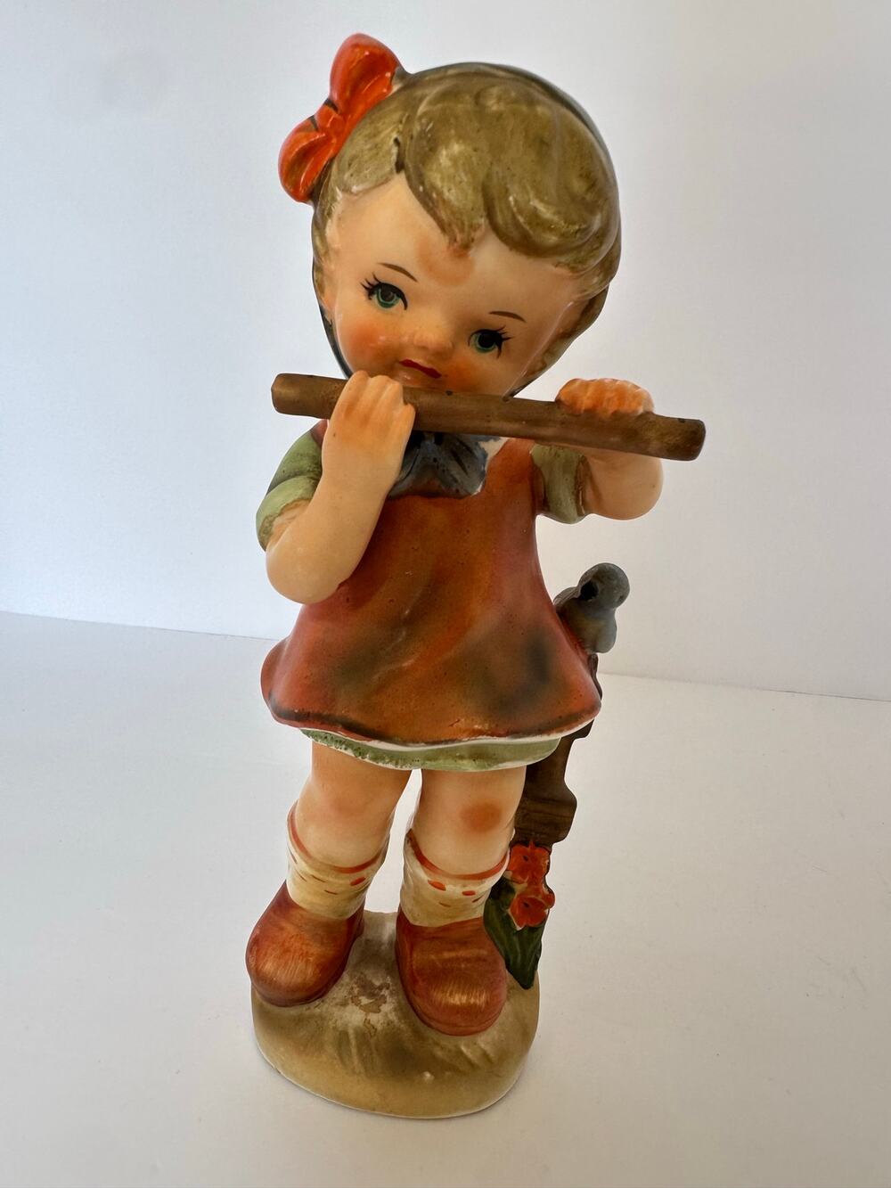 Vintage Rossini Japan Girl Playing Flute Figurine Bird 9.5” Porcelain AS IS